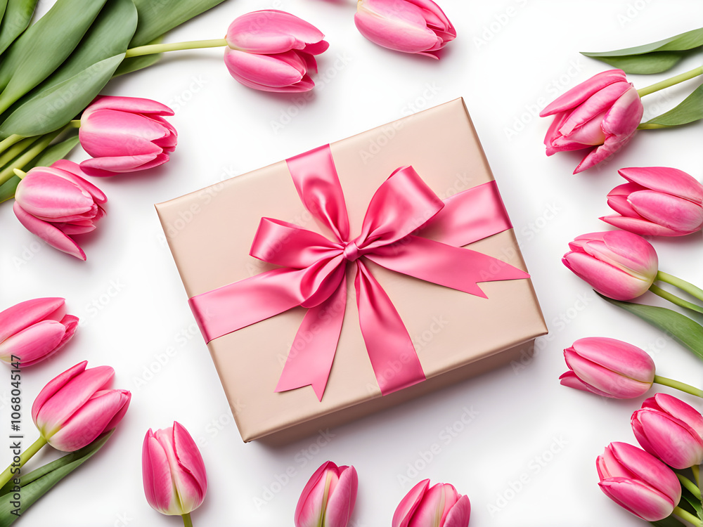 Beautiful gift box with pink bow and tulips on white background, flat lay Beautiful gift box with pink bow and tulips on white background, flat lay