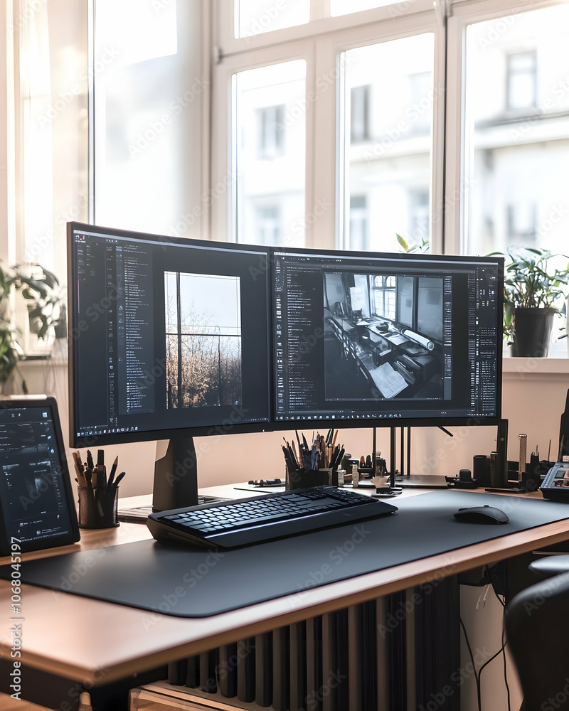 Minimalist workspace with two monitors, keyboard, mouse, and plants. Minimalist workspace with two monitors, keyboard, mouse, and plants.