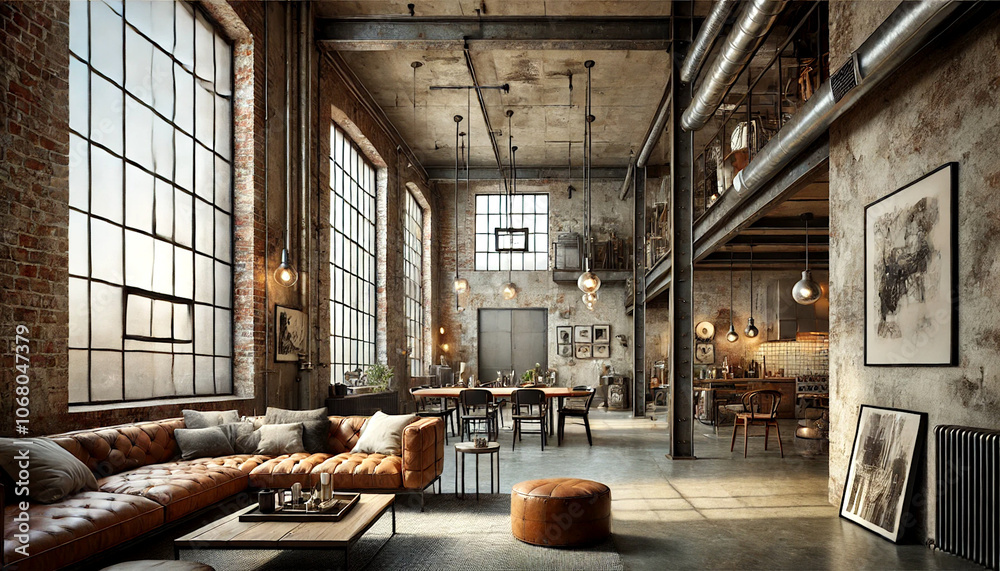 interior of an industrial style loft, open floor plan interior of an industrial style loft, open floor plan