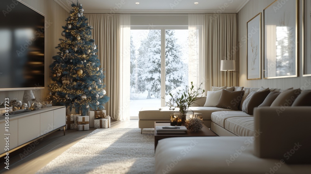 Beautifully Styled Scandinavian Living Room with Cozy Christmas Tree and Winter Decor