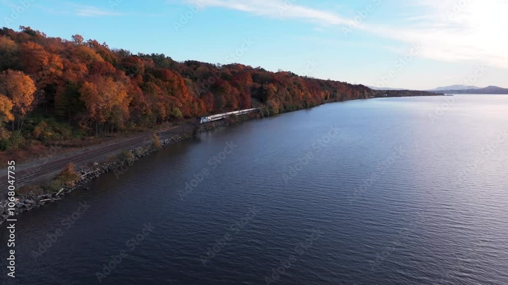 An aerial view over the Hudson River next to train tracks on a sunny day in autumn. The camera dolly in towards an outbound Amtrak train moving fast ahead in the distance. An aerial view over the Hudson River next to train tracks on a sunny day in autumn. The camera dolly in towards an outbound Amtrak train moving fast ahead in the distance.