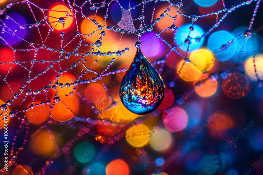 Fototapeta premium water droplet on spiderweb reflecting colorful lights