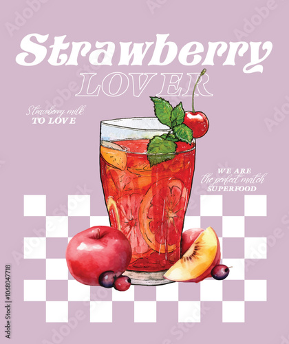 Juice Watercolor illustration. Hand drawn underwater element design. Artistic vector marine strawberry. apple. lemon design element. Illustration for, printing and other design projects.