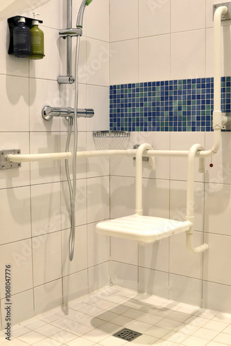 Seat in shower stall for people with disabilities. Comfort and health. 