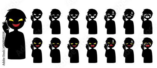 スマホで話す悪人イメージの黒いシルエットの人物の素材