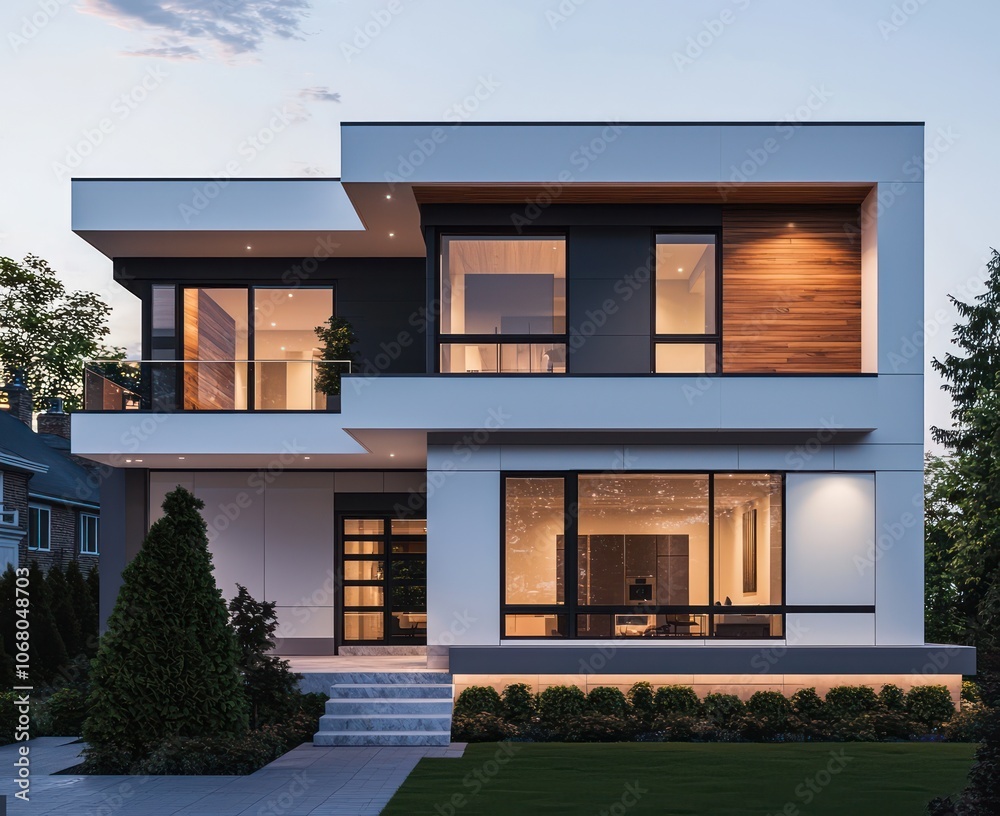 Toronto residence with modern design, white windows, and wood at dusk. Toronto residence with modern design, white windows, and wood at dusk.
