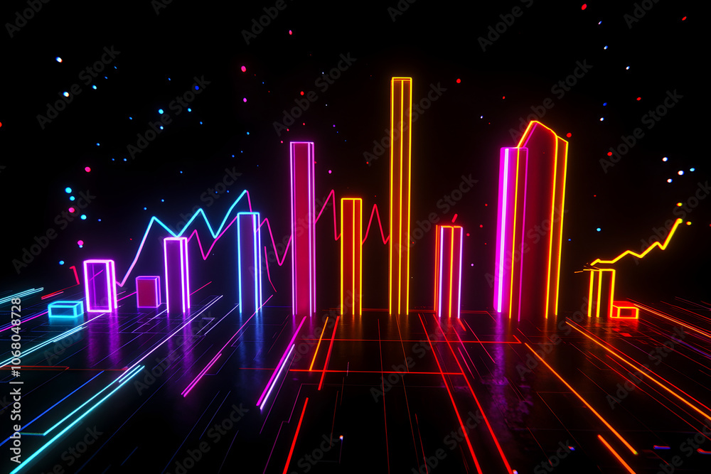 A modern graphical representation of data analysis using neon wireframe elements in various colors on a sleek black backdrop. A modern graphical representation of data analysis using neon wireframe elements in various colors on a sleek black backdrop.
