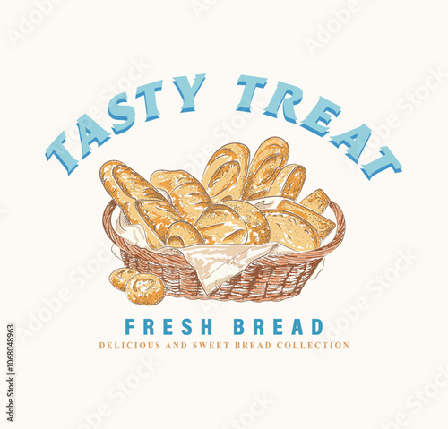 Tasty Bakery bread advertisement poster with vintage basket full fresh wheat round loafs and baguette abstract hand draw vector illustration with typography.