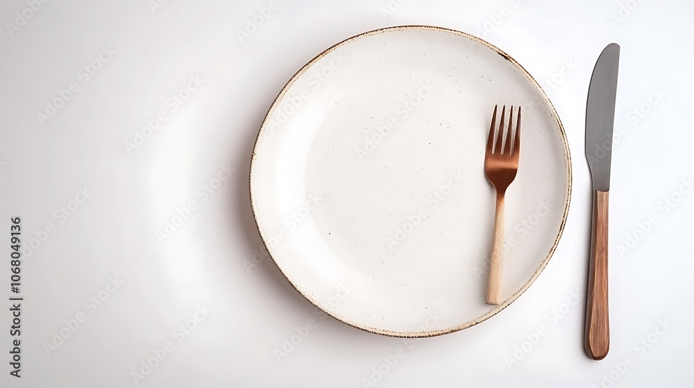 A plate and fork on a white background A plate and fork on a white background