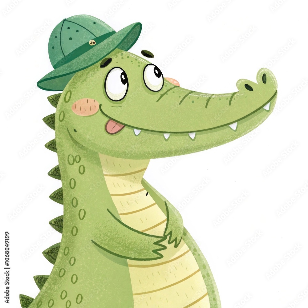Naklejka premium Cartoon crocodile character in a safari hat