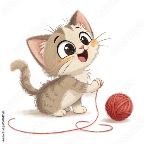 Playful cartoon kitten with yarn ball photo