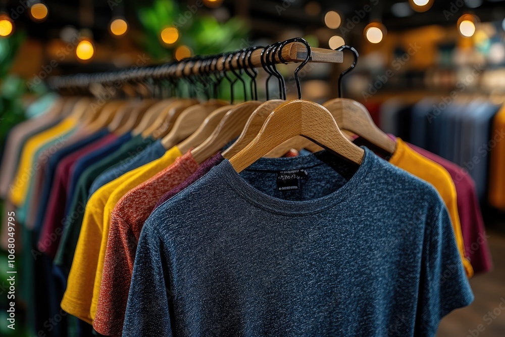 Close-up of blue t-shirt hanging in a store. It can be used for advertising, branding, and promoting clothing. Close-up of blue t-shirt hanging in a store. It can be used for advertising, branding, and promoting clothing.
