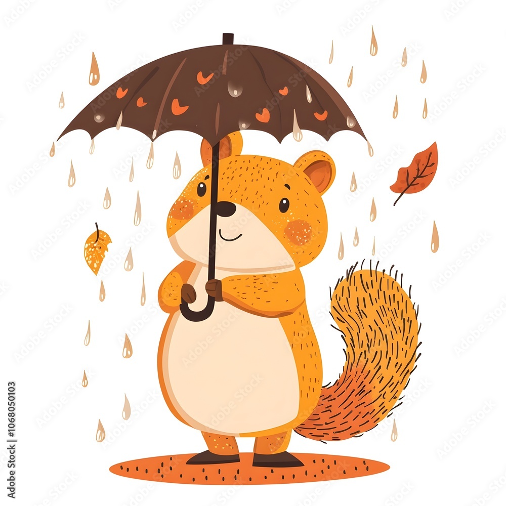 Naklejka premium A Cheerful Squirrel Holding an Umbrella Amid a Rainy Autumn Backdrop with Muted Colors and Flat Design