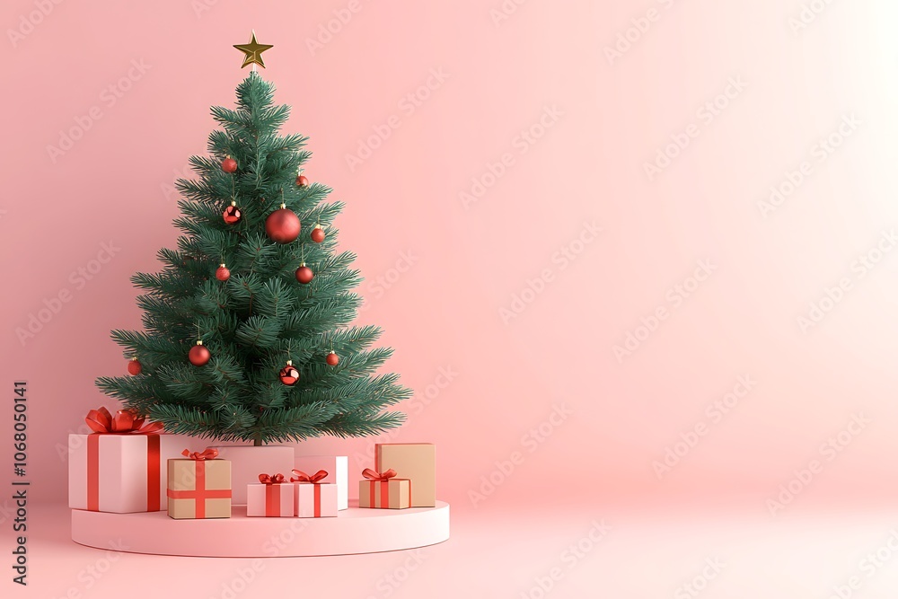 Christmas tree with gifts in room. 3d render illustration. Copy space. New Year, holiday. Christmas tree with gifts in room. 3d render illustration. Copy space. New Year, holiday.