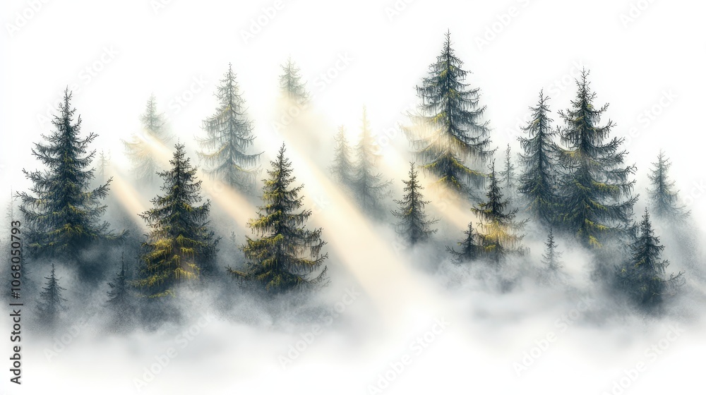 Morning Fog and Sunbeams in Enchanted Forest Morning Fog and Sunbeams in Enchanted Forest