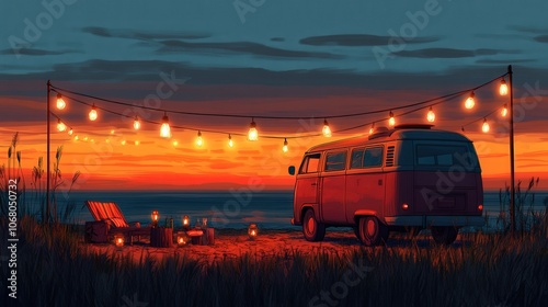 Vintage Camper Van by the Beach at Sunset