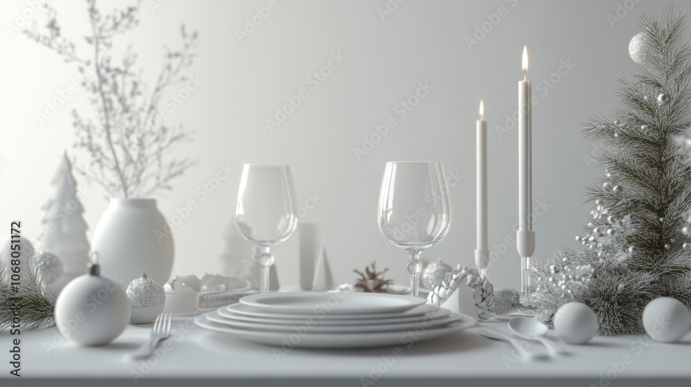 Sparkling Christmas Delight: Festive Holiday Table Setting 3D Illustration with Joyful Decorations Sparkling Christmas Delight: Festive Holiday Table Setting 3D Illustration with Joyful Decorations