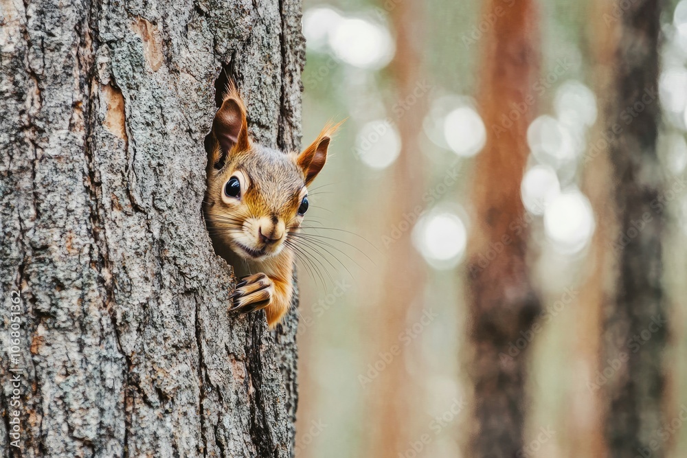 Obraz premium A Curious Squirrel Peeking Out From a Tree Trunk