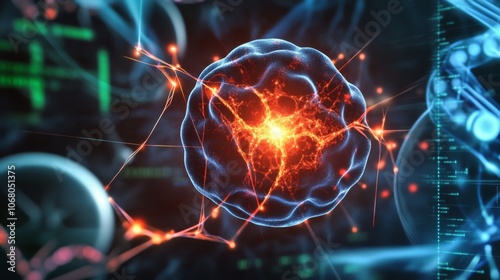 Microscopic view of glowing particles decaying into smaller fragments, symbolizing particle decay in a physics lab setting with scientific instruments and equipment in the background.	