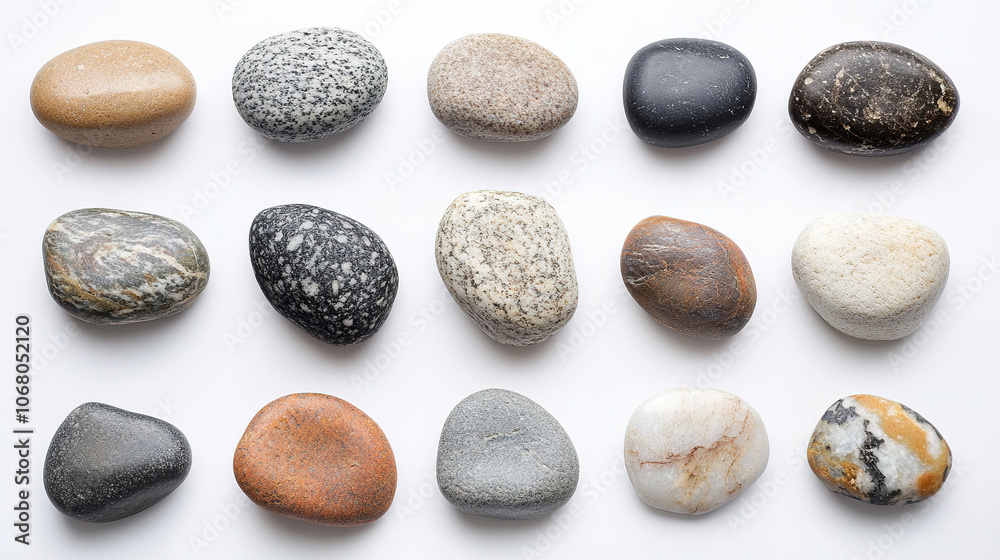 pebbles neathly on white background. one pebble in each photograph pebbles neathly on white background. one pebble in each photograph