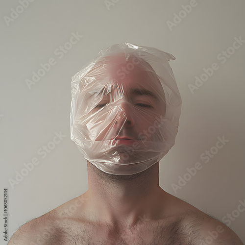 Man with Plastic Bag Wrapped Around Head in Close-Up Portrait photo