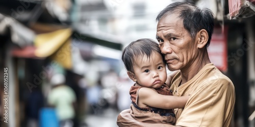 a poor father in dull clothes, holding his toddler, asian people, street background