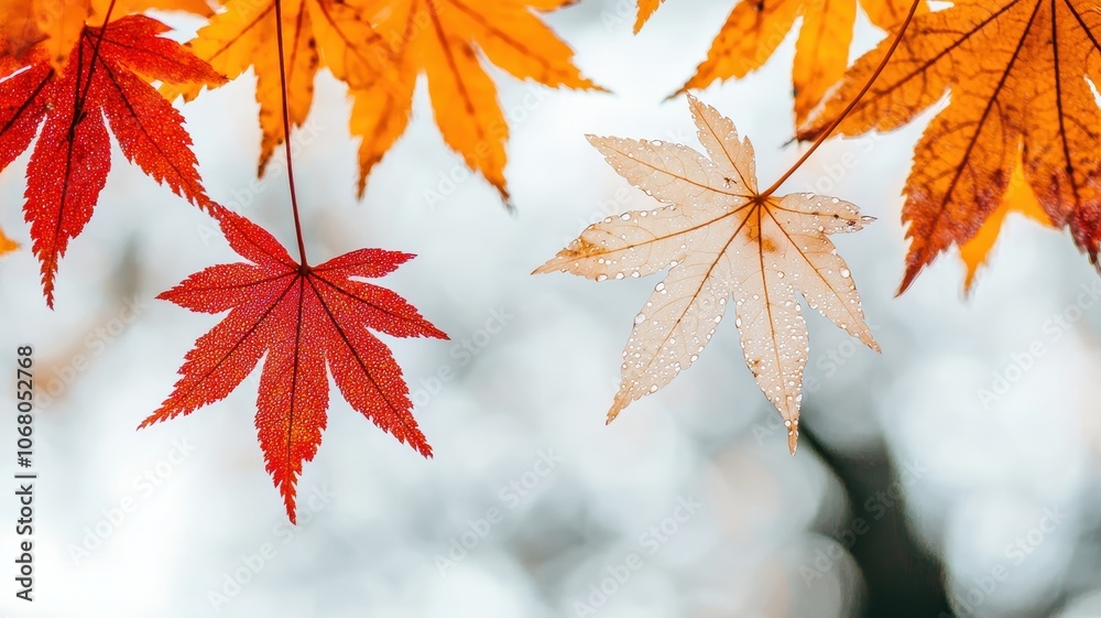 A close-up of vibrant autumn leaves in shades of red, orange, and white against a soft, blurred background. A close-up of vibrant autumn leaves in shades of red, orange, and white against a soft, blurred background.