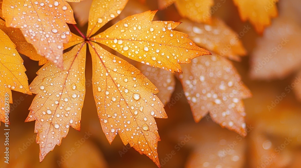 A close-up of vibrant orange leaves adorned with droplets, capturing the essence of autumn's beauty and moistness. A close-up of vibrant orange leaves adorned with droplets, capturing the essence of autumn's beauty and moistness.