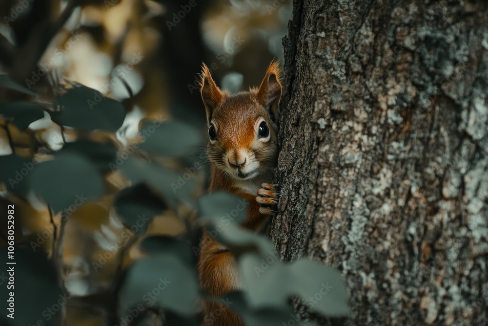 Fototapeta premium Red Squirrel Peeking from Behind a Tree Trunk