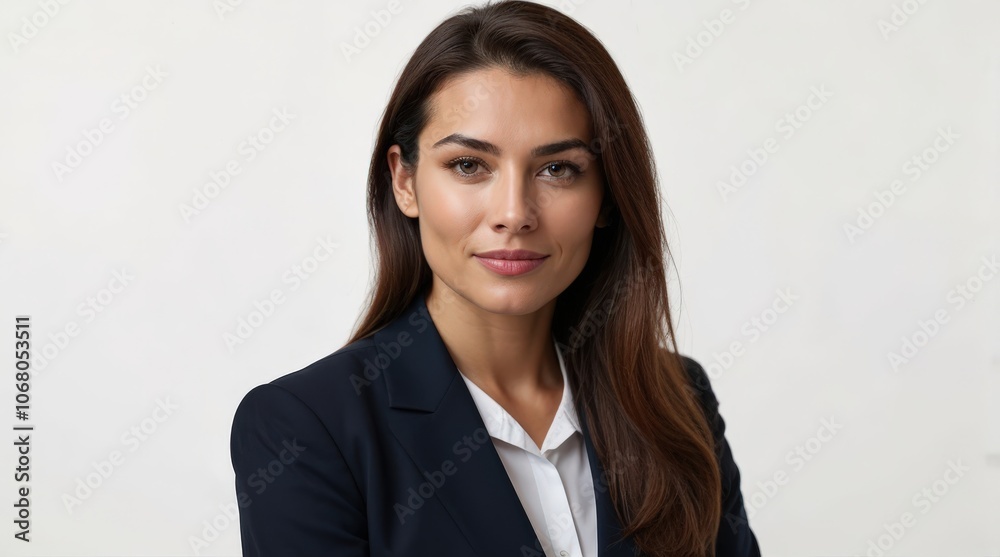 Headshot portrait of young happy businesswoman casual attire isolated on white background Headshot portrait of young happy businesswoman casual attire isolated on white background