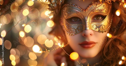 Close-up portrait of a beautiful girl in a Venetian mask and golden bokeh