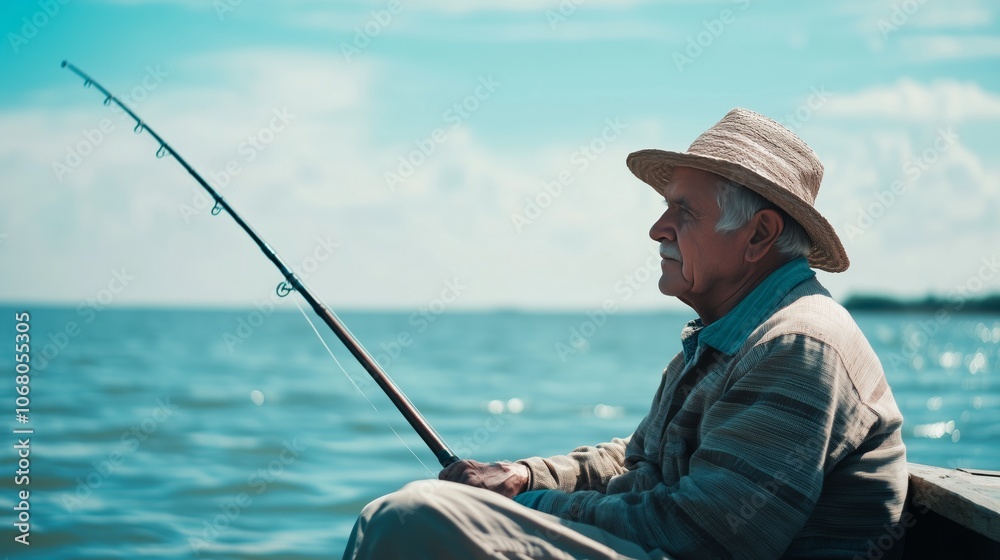 An elderly man peacefully fishing by the serene lake during a sunny afternoon in a tranquil natural setting An elderly man peacefully fishing by the serene lake during a sunny afternoon in a tranquil natural setting