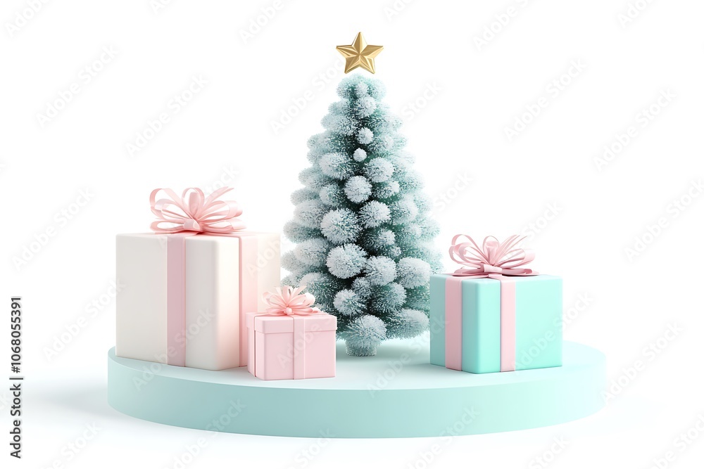 Christmas Tree decorated with a garland and toys and a big star at the top with Heap of Gift Boxes on pink studio background. 3D Rendering Christmas Tree decorated with a garland and toys and a big star at the top with Heap of Gift Boxes on pink studio background. 3D Rendering