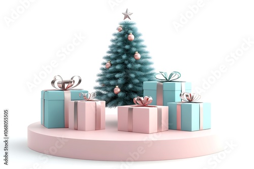 Christmas Tree decorated with a garland and toys and a big star at the top with Heap of Gift Boxes on pink studio background. 3D Rendering