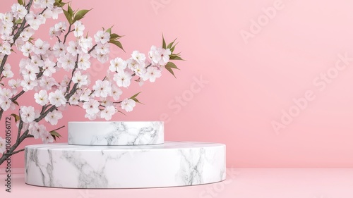 A minimalist scene featuring marble-patterned circular platforms and delicate cherry blossoms against a soft pink background.