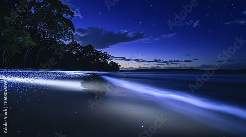 66.Sparkling bioluminescence illuminating the shores of Jervis Bay, shimmering blue lights in the water, dark night sky above, soft waves gently lapping at the shoreline, serene and magical atmosphere photo