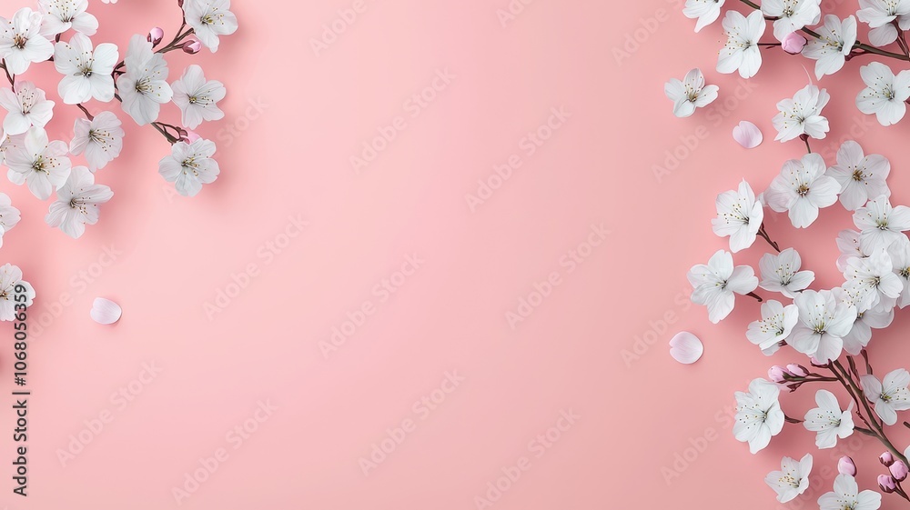 A serene arrangement of white blossoms on a soft pink background, creating a calm and inviting atmosphere perfect for spring themes. A serene arrangement of white blossoms on a soft pink background, creating a calm and inviting atmosphere perfect for spring themes.