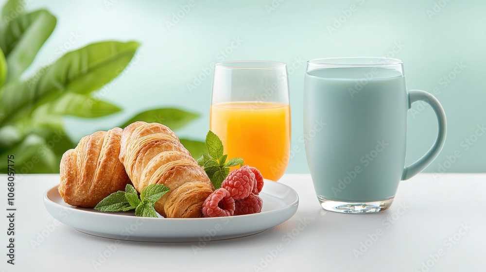 Start day right enjoy a delicious breakfast with pastries fresh juice and milk Start day right enjoy a delicious breakfast with pastries fresh juice and milk