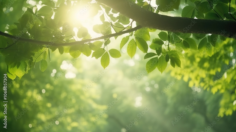 Sunlight Through Green Leaves in a Tranquil Forest Sunlight Through Green Leaves in a Tranquil Forest