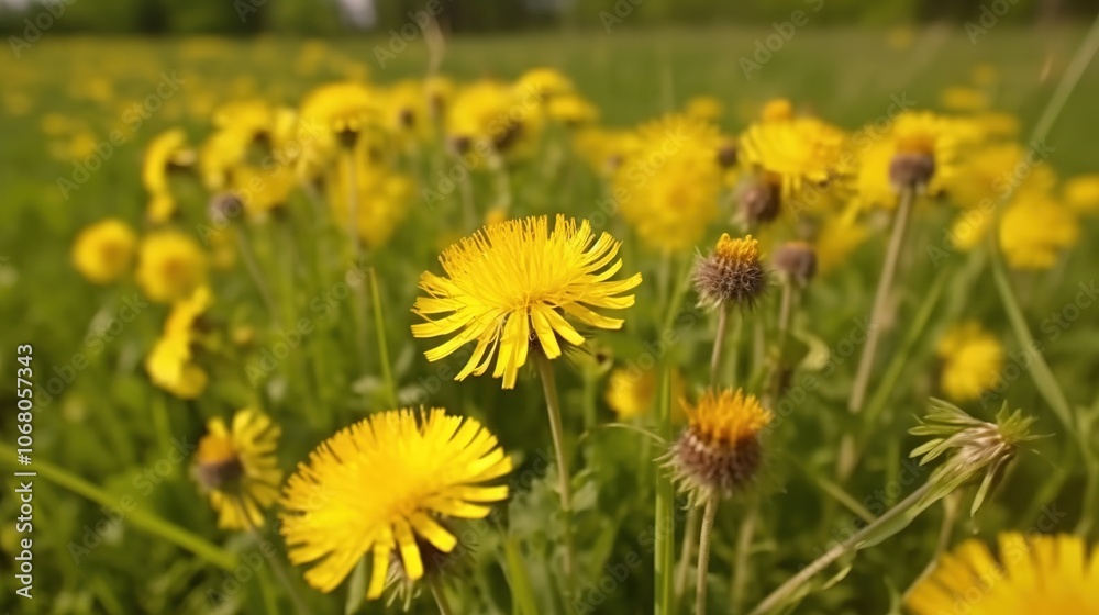 Bright Yellow Dandelions in Lush Green Field Bright Yellow Dandelions in Lush Green Field