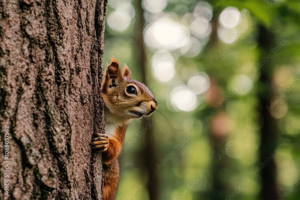 Red Squirrel Peeking from Behind a Tree Trunk Red Squirrel Peeking from Behind a Tree Trunk