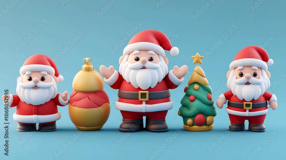 Four cute cartoon Santa Clauses standing in a row, one holding a Christmas ornament, another holding a Christmas tree, and two with open arms. Four cute cartoon Santa Clauses standing in a row, one holding a Christmas ornament, another holding a Christmas tree, and two with open arms.