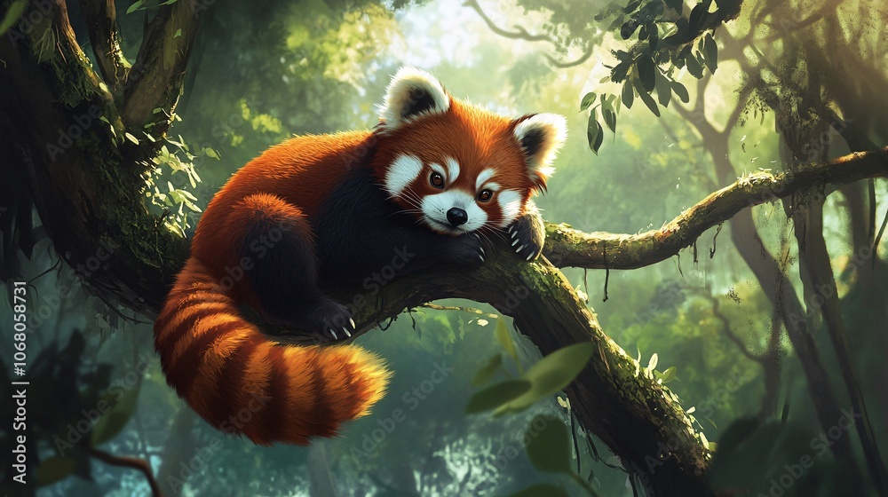 Obraz premium 73.Adorable red panda perched on a branch, soft fur with vibrant colors, peaceful forest background, delicate claws gripping the tree, curious and relaxed demeanor, lush greenery around