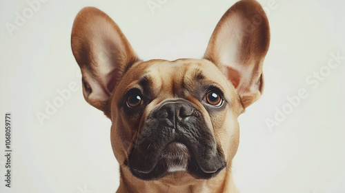 French Bulldog Portrait: Close-up portrait of a fawn French Bulldog with big, curious eyes, capturing its playful and affectionate personality.   photo