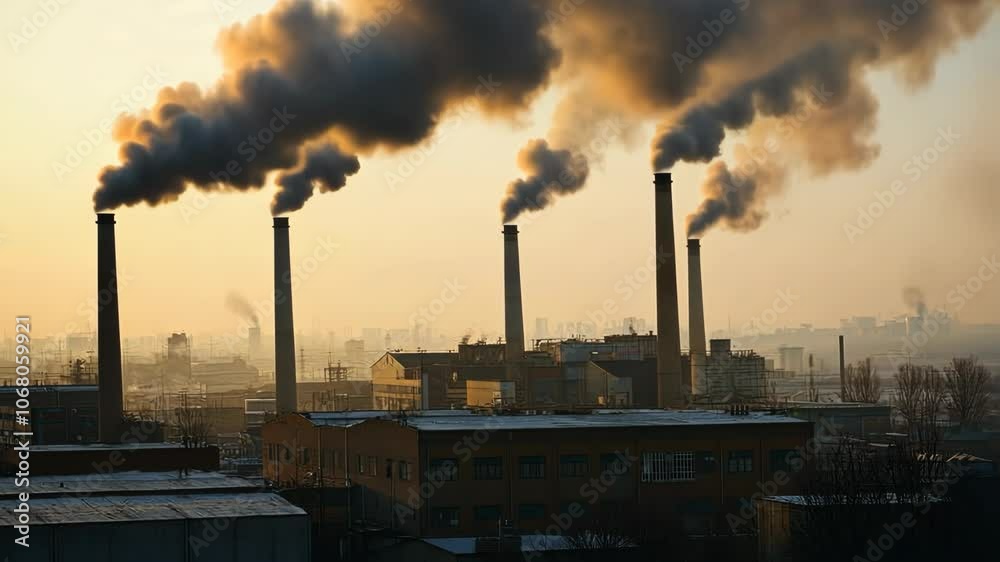 Smoke billows from factory chimneys at sunset, highlighting the environmental impact of industrial activity