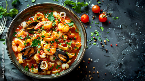 Seafood Pasta with Mussels and Shrimp in Tomato Sauce