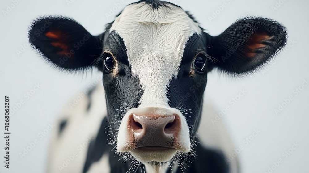 Black and white cow isolated on a blue background, a close-up portrait, 4k Rasolution Black and white cow isolated on a blue background, a close-up portrait, 4k Rasolution