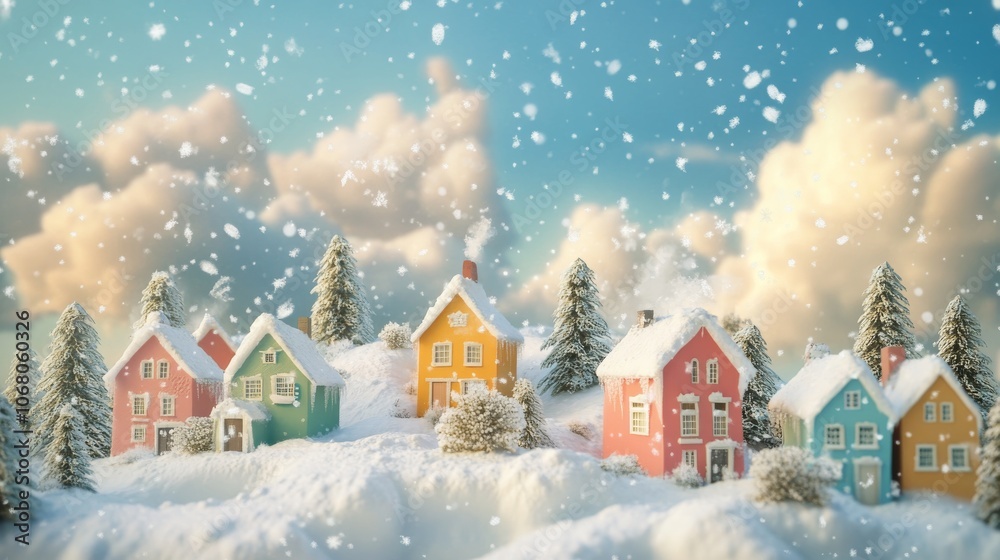 Cozy winter scene with colorful houses, pine trees, and falling snowflakes Cozy winter scene with colorful houses, pine trees, and falling snowflakes