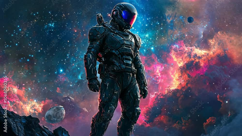A lone astronaut stands on a rocky planet, gazing into the vastness of space. The colorful nebulae and twinkling stars create a breathtaking backdrop