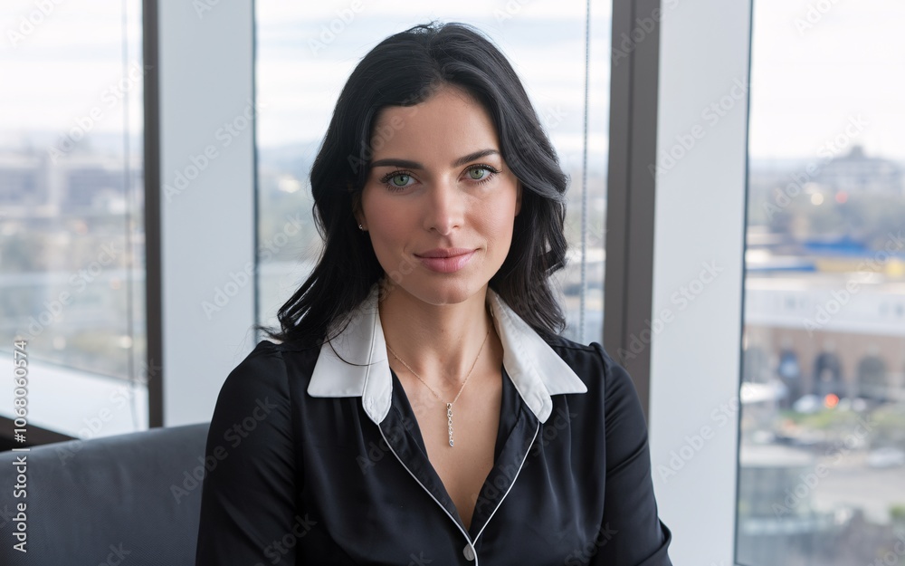 Woman with laptop A confident woman with dark hair and green eyes sits in a chair in front of a window with a city view. Woman with laptop A confident woman with dark hair and green eyes sits in a chair in front of a window with a city view.